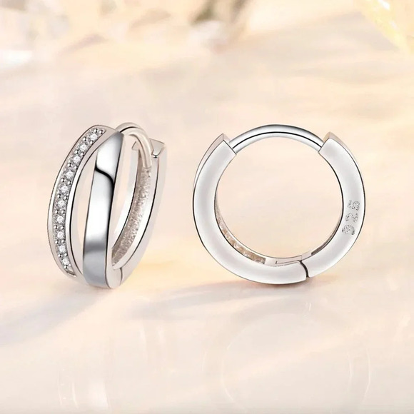 925 Sterling Silver Double Layer Minimalist Dainty Huggie Hoop Earrings - Picture 2 of 6